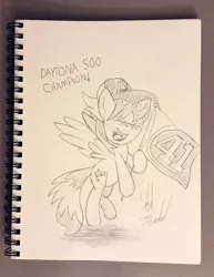 Size: 849x1100 | Tagged: safe, artist:fuzon-s, derpibooru import, cloudchaser, pony, cap, daytona 500, eyes closed, flag, grayscale, happy, hat, kurt busch, monochrome, nascar, open mouth, sketch, solo, traditional art, yelling