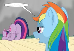 Size: 1463x1005 | Tagged: suggestive, artist:bcrich40, derpibooru import, edit, rainbow dash, twilight sparkle, pegasus, pony, unicorn, comic, cropped, dialogue, eyes on the prize, female, improving skills, lesbian, magic, mare, plot, presenting, shipping, twidash, unicorn twilight