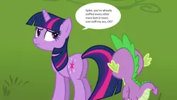Size: 1092x616 | Tagged: suggestive, derpibooru import, edit, edited screencap, screencap, spike, twilight sparkle, dragon, pony, butt sniffing, eyes on the prize, plot, text
