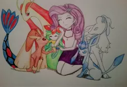 Size: 4019x2744 | Tagged: safe, artist:borussialuedo, derpibooru import, rarity, alolan ninetales, glaceon, lilligant, lopunny, milotic, ninetales, equestria girls, absurd resolution, crossover, pokémon, pokémon sun and moon, traditional art