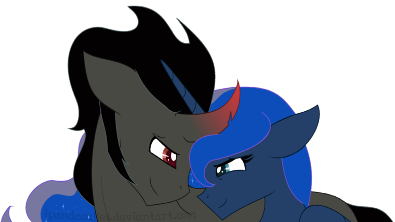 Size: 1280x721 | Tagged: safe, artist:ipandacakes, derpibooru import, king sombra, princess luna, alicorn, pony, unicorn, fall of an empire, female, floppy ears, image, looking at each other, lumbra, male, missing accessory, nuzzling, png, shipping, simple background, straight, transparent background