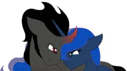 Size: 1280x721 | Tagged: safe, artist:ipandacakes, derpibooru import, king sombra, princess luna, alicorn, pony, unicorn, fall of an empire, female, floppy ears, image, looking at each other, lumbra, male, missing accessory, nuzzling, png, shipping, simple background, straight, transparent background