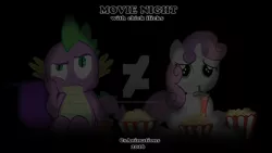 Size: 1600x900 | Tagged: safe, artist:csanimations, derpibooru import, spike, sweetie belle, dragon, pony, date, female, food, male, movie night, popcorn, shipping, soda, spikebelle, straight, watermark