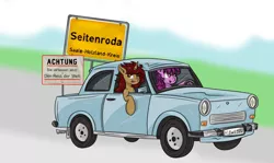 Size: 1280x761 | Tagged: safe, artist:charrez, derpibooru import, oc, oc:lucy light, oc:mary rose, unofficial characters only, pegasus, pony, unicorn, 1337, brony radio germany, car, driving, female, german, road, seitenroda, text, trabant