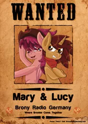 Size: 706x1000 | Tagged: safe, artist:charrez, derpibooru import, oc, oc:lucy light, oc:mary rose, unofficial characters only, pony, brony radio germany, cowboy hat, cowgirl, hat, poster, smiling, standing, wanted poster, wild west