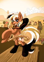 Size: 1280x1810 | Tagged: safe, artist:charrez, derpibooru import, oc, oc:unity, unofficial characters only, earth pony, pony, appleloosa, brony fair, cowboy hat, cowgirl, cutie mark, hat, rope, solo, standing, wild west