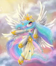 Size: 1024x1196 | Tagged: safe, artist:nefyfeiri, derpibooru import, princess celestia, alicorn, pony, seraph, clothes, cloud, colored pupils, day, dress, flying, horn jewelry, jewelry, multiple wings, sky, solo