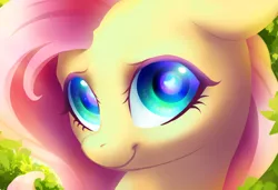 Size: 1900x1300 | Tagged: safe, artist:nekiw, derpibooru import, fluttershy, pegasus, pony, bust, cute, looking at you, portrait, shyabetes, smiling, solo, wingding eyes
