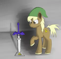 Size: 1400x1361 | Tagged: safe, artist:itsthinking, derpibooru import, ponified, earth pony, pony, epona, female, hat, mare, master sword, smiling, solo, the legend of zelda, triforce, unshorn fetlocks