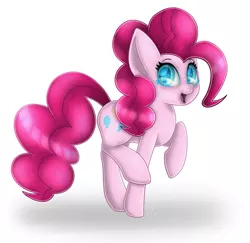 Size: 1257x1222 | Tagged: safe, artist:skashigame, derpibooru import, pinkie pie, pony, colored pupils, looking at you, looking sideways, open mouth, raised hoof, raised leg, simple background, smiling, solo, walking, white background