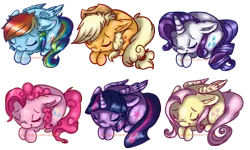 Size: 3000x1800 | Tagged: safe, artist:downpourpony, derpibooru import, applejack, fluttershy, pinkie pie, rainbow dash, rarity, twilight sparkle, twilight sparkle (alicorn), alicorn, pony, chibi, floppy ears, mane six, prone, simple background, sleeping, transparent background