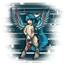 Size: 1280x1280 | Tagged: safe, artist:charrez, derpibooru import, oc, unofficial characters only, pony, unicorn, artificial wings, augmented, bandage, female, mechanical wing, solo, weapon, wings