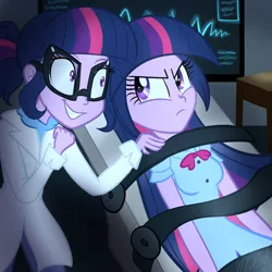 Size: 1024x1024 | Tagged: dead source, semi-grimdark, artist:wubcakeva, derpibooru import, sci-twi, twilight sparkle, equestria girls, bondage, bowtie, breasts, busty twilight sparkle, clothes, duo, experiment, female, glasses, lab coat, mad science, pants, self paradox, signature, story in the source, story included, this will not end well, twilight snapple, twolight, unsexy bondage