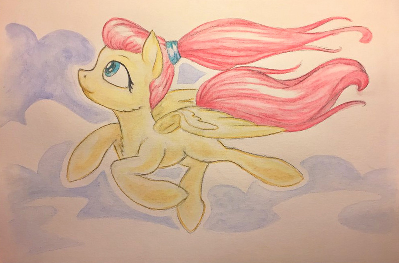 Size: 996x656 | Tagged: safe, artist:grokostimpy, derpibooru import, fluttershy, pegasus, pony, alternate hairstyle, cropped, flying, looking up, ponytail, profile, sky, solo, spread wings, traditional art, watercolor painting, windswept mane