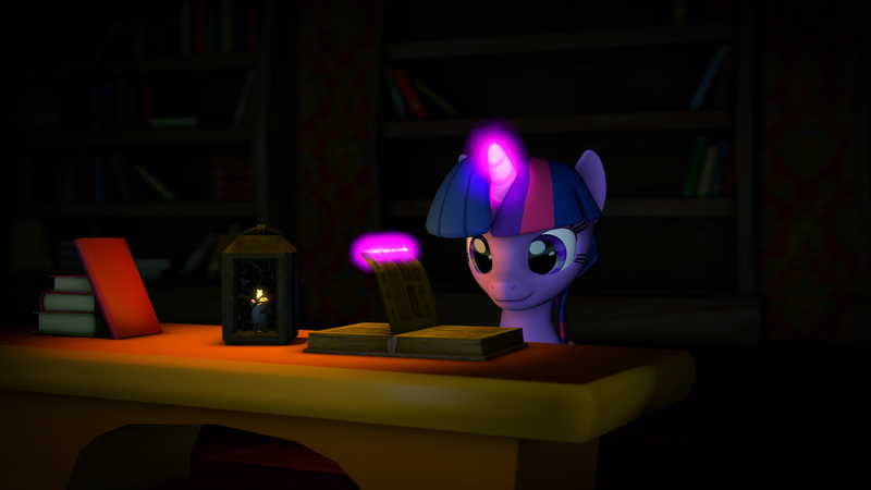 Size: 1920x1080 | Tagged: 3d, artist:krida2, book, candlelight, dark, derpibooru import, magic, poster, reading, safe, solo, source filmmaker, telekinesis, twilight sparkle