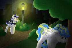 Size: 3000x2000 | Tagged: safe, artist:ruushiicz, derpibooru import, oc, oc:golden stripe, oc:silver dust, unofficial characters only, bat pony, pony, bat pony oc, city, lamppost, light, sad, scenery, stars, story in the source