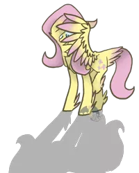 Size: 1686x2106 | Tagged: artist:ashleybances, colored wings, colored wingtips, derpibooru import, floppy ears, fluttershy, safe, scared, shadow, simple background, solo, tail feathers, transparent background, wing hands