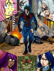 Size: 1239x1650 | Tagged: artist:projectdualpower, black cat, clothes, crossover, crying, derpibooru import, destruction, fire, fluttershy, green goblin, human, humanized, injured, magic, peter parker, princess luna, safe, spider-man, spiders and magic: rise of spider-mane, torn clothes, twilight sparkle