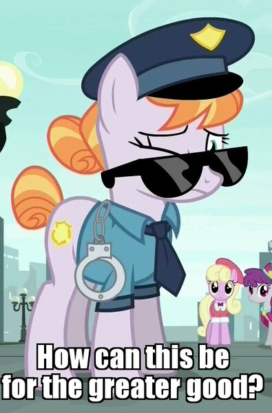 Size: 500x759 | Tagged: safe, derpibooru import, edit, edited screencap, screencap, copper top, luckette, pinot noir, shiraz, silver berry, earth pony, pony, the gift of the maud pie, confused, cuffs, cute, female, frown, hot fuzz, image macro, meme, one eye closed, police officer, police pony, solo focus, sunglasses, wink