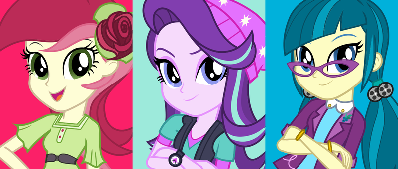 Size: 1302x554 | Tagged: safe, derpibooru import, official, juniper montage, roseluck, starlight glimmer, equestria girls, mirror magic, spoiler:eqg specials, baubles, beanie, belt, bracelet, clothes, crossed arms, eyeshadow, female, flower, flower in hair, glasses, hair tie, hat, jewelry, lapel pin, looking at you, makeup, open mouth, raised eyebrow, rolled up sleeves, smiling, vest, watch, wristwatch