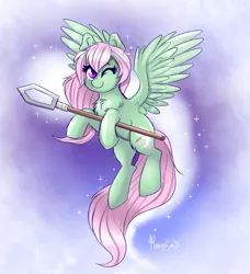 Size: 878x961 | Tagged: safe, artist:confetticakez, derpibooru import, oc, oc:spectral wind, unofficial characters only, pegasus, pony, chest fluff, cute, flying, looking at you, one eye closed, smiling, solo, spear, spread wings, weapon, wink