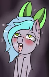 Size: 537x843 | Tagged: suggestive, artist:lazerblues, derpibooru import, oc, oc:paper cut, unofficial characters only, ahegao, ahego meme, blushing, bow, drool, ear piercing, female, hair bow, on back, open mouth, piercing, scar, solo, solo female, sweat, tongue out, tongue piercing