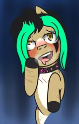 Size: 537x843 | Tagged: suggestive, artist:lazerblues, derpibooru import, oc, oc:bambi, unofficial characters only, ahegao, ahego meme, blushing, collar, derp, female, open mouth, piercing, scar, solo, solo female, sweat, wingding eyes
