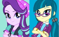 Size: 855x541 | Tagged: safe, derpibooru import, juniper montage, starlight glimmer, equestria girls, baubles, beanie, bracelet, clothes, counterparts, crossed arms, eyeshadow, female, glasses, hair tie, hat, jewelry, lapel pin, looking at you, makeup, pigtails, rolled up sleeves, shirt, smiling, twilight's counterparts, twintails, vest, watch, wristwatch