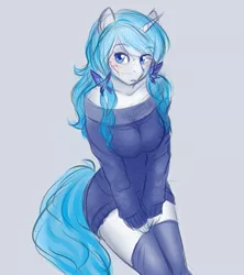 Size: 783x881 | Tagged: suggestive, artist:askbubblelee, derpibooru import, oc, oc:bubble lee, oc:imago, unofficial characters only, anthro, unicorn, adorasexy, alternate hairstyle, anthro oc, blue eyes, blushing, breasts, clothes, colored sketch, cute, female, freckles, hairclip, mare, sexy, simple background, solo, solo female, stockings, sweater, thigh highs