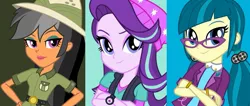 Size: 1199x509 | Tagged: safe, derpibooru import, official, chestnut magnifico, daring do, juniper montage, starlight glimmer, equestria girls, spoiler:eqg specials, baubles, beanie, belt, bracelet, clothes, costume, counterparts, crossed arms, eyeshadow, female, glasses, hair tie, hat, jewelry, lapel pin, looking at you, makeup, pigtails, pith helmet, rolled up sleeves, shirt, smiling, spoiler, twilight's counterparts, twintails, vest, watch, wristwatch