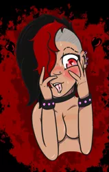 Size: 537x843 | Tagged: suggestive, artist:lazerblues, derpibooru import, oc, oc:bella, unofficial characters only, satyr, abstract background, ahegao, ahego meme, blushing, bracelet, breasts, choker, covering, drool, ear piercing, female, hair over one eye, heart, heart eyes, jewelry, nose piercing, nudity, open mouth, parent:oc:miss eri, piercing, smiling, solo, solo female, sweat, tongue out, undercut, wingding eyes, wristband