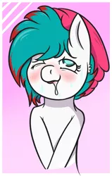 Size: 537x843 | Tagged: ahegao, ahego meme, artist:lazerblues, beanie, blushing, bust, derpibooru import, drool, female, hat, oc, open mouth, solo, solo female, suggestive, sweat, unofficial characters only