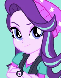 Size: 434x554 | Tagged: safe, derpibooru import, official, starlight glimmer, equestria girls, mirror magic, spoiler:eqg specials, beanie, clothes, crossed arms, female, happy, hat, looking at you, simple background, smiling, solo, spoiler, teal background, watch