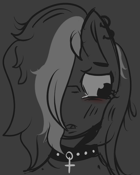 Size: 543x678 | Tagged: artist:lazerblues, collar, crying, derpibooru import, ear piercing, monochrome, oc, oc:miss eri, piercing, safe, solo, unofficial characters only