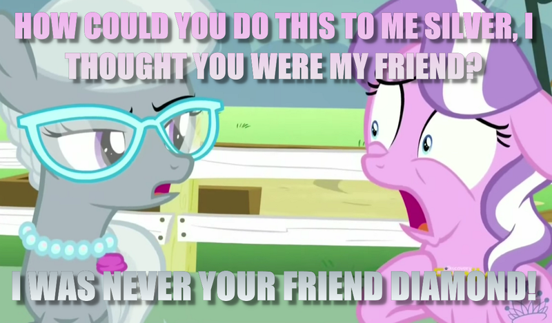 Size: 1200x704 | Tagged: safe, derpibooru import, edit, edited screencap, screencap, diamond tiara, silver spoon, earth pony, pony, caption, female, filly, shocked, wide eyes