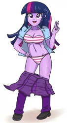 Size: 1889x3472 | Tagged: suggestive, artist:sumin6301, derpibooru import, twilight sparkle, equestria girls, adorasexy, belly button, bra, breasts, busty twilight sparkle, cleavage, clothes, cute, female, leg warmers, open mouth, panties, peace sign, sexy, shoes, skirt, skirt pull, solo, solo female, strapless bra, striped underwear, underwear, undressing