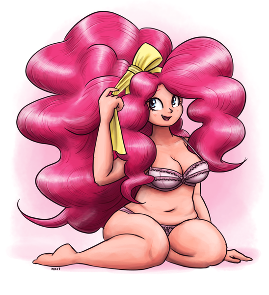 Size: 1280x1402 | Tagged: artist:king-kakapo, barefoot, belly button, bra, breasts, busty pinkie pie, cleavage, clothes, derpibooru import, feet, female, frilly underwear, human, humanized, impossibly large hair, kneeling, multiple variants, panties, pinkie pie, pink underwear, plump, ribbon, smiling, solo, solo female, suggestive, underwear