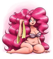 Size: 1280x1402 | Tagged: artist:king-kakapo, barefoot, belly button, bra, breasts, busty pinkie pie, cleavage, clothes, derpibooru import, feet, female, frilly underwear, human, humanized, impossibly large hair, kneeling, multiple variants, panties, pinkie pie, pink underwear, plump, ribbon, smiling, solo, solo female, suggestive, thick, underwear