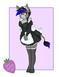 Size: 2550x3300 | Tagged: anthro, artist:spacestrawberry, blushing, breasts, cleavage, clothes, cute, derpibooru import, donkey, female, maid, oc, oc:tara, safe, solo, stockings, thigh highs, unofficial characters only