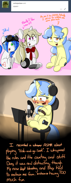 Size: 3400x8740 | Tagged: absurd resolution, artist:fullmetalpikmin, ask, asmr, blood, blushing, derpibooru import, goggles, headphones, microphone, nosebleed, oc, oc:cherry blossom, oc:mal, oc:viewing pleasure, suggestive, tumblr, tumblr:ask viewing pleasure, unofficial characters only