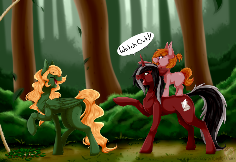 Size: 4500x3100 | Tagged: safe, artist:pinktabico, derpibooru import, oc, unofficial characters only, pegasus, pony, unicorn, absurd resolution, commission, dialogue, eyes closed, female, filly, forest, male, mare, open mouth, raised hoof, scenery, smiling, speech bubble, stallion, trap (device), trio, watch out