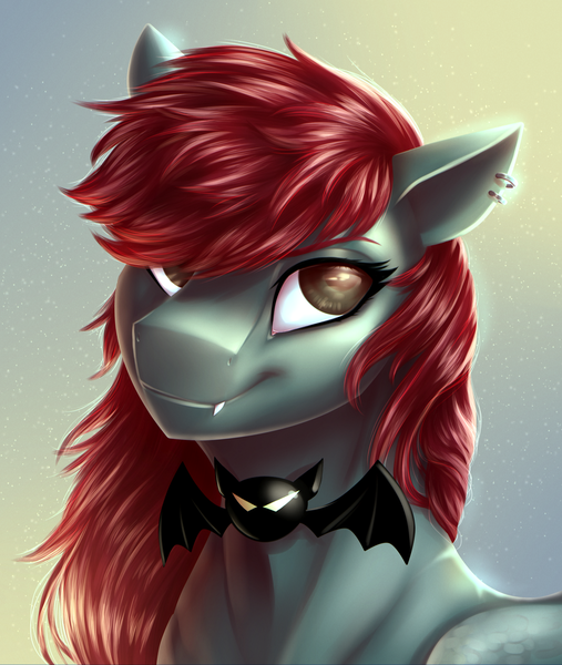 Size: 1024x1212 | Tagged: safe, artist:glitteronin, derpibooru import, oc, oc:spiral night, unofficial characters only, bat pony, pony, bust, fangs, female, gradient background, mare, red hair, smiling, solo