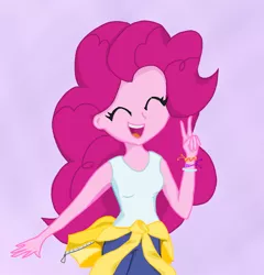 Size: 639x666 | Tagged: safe, artist:djzapapple, derpibooru import, pinkie pie, equestria girls, beautiful, clothes, eyes closed, female, happy, open mouth, peace sign, solo, tanktop