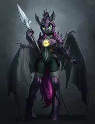 Size: 1800x2360 | Tagged: safe, artist:mykegreywolf, derpibooru import, oc, oc:dusk eclipse, unofficial characters only, anthro, bat pony, unguligrade anthro, anthro oc, armor, belly button, fangs, female, helmet, large wings, looking at you, mare, night guard, open mouth, raffle prize, request, smiling, solo, spear, weapon, wings