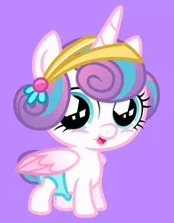 Size: 434x554 | Tagged: safe, derpibooru import, official, princess flurry heart, alicorn, crystal pony, pony, adorable face, baby, baby alicorn, baby flurry heart, baby pony, blue background, cute, diaper, diapered, diapered filly, female, filly, flurrybetes, foal, hairclip, happy, happy baby, looking at you, open mouth, purple background, simple background, smiling, smiling at you, solo, standing