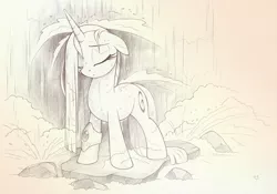 Size: 1052x736 | Tagged: safe, artist:sherwoodwhisper, derpibooru import, oc, oc:eri, unofficial characters only, pony, unicorn, eyes closed, monochrome, rock, sketch, solo, traditional art, water, waterfall, wet, wet mane