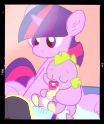 Size: 1245x1480 | Tagged: safe, artist:lemonthyme, derpibooru import, spike, twilight sparkle, dragon, pony, unicorn, baby bottle, baby dragon, baby spike, blush sticker, blushing, book, bottle, cute, diaper, female, filly, filly twilight sparkle, male, mama twilight, mother and child, pacifier, paw pads, photo, reading, spikabetes, spikelove, twiabetes, unicorn twilight