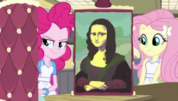 Size: 1920x1090 | Tagged: safe, derpibooru import, screencap, fluttershy, pinkie pie, acadeca, equestria girls, friendship games, bracelet, cake, food, jewelry, mona lisa