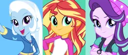 Size: 1300x554 | Tagged: safe, derpibooru import, official, starlight glimmer, sunset shimmer, trixie, twilight sparkle, equestria girls, counterparts, magical quartet, magical quintet, magical trio, twilight's counterparts