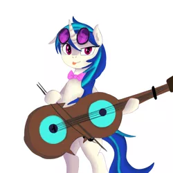 Size: 1000x1000 | Tagged: safe, artist:jbond, artist:lumineko, derpibooru import, edit, octavia melody, vinyl scratch, pony, alternate hairstyle, bipedal, bowtie, cello, fusion, glasses, musical instrument, painting, recolor, tavified, tongue out